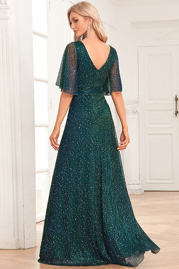 Sparkly V-Neck Peacock Prom Dress